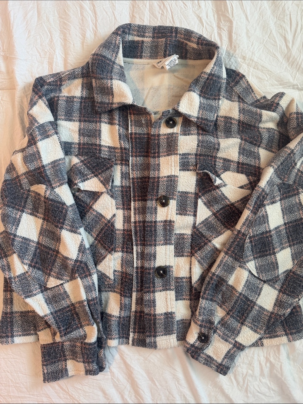 Plaid Button-Up Shacket Jacket in Cream and Gray